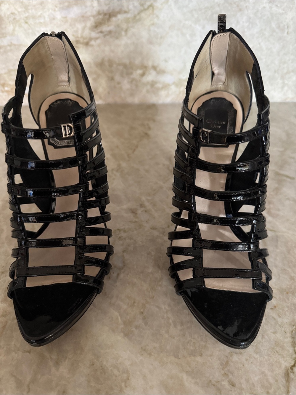Dior Black Patent Strappy Cage Pointed-Toe Heels